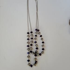 Purple Beaded Necklace with Silver Accent Long Chain Boho Jewelry Statement Gift